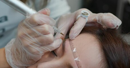 Wall Mural - Cosmetologist applying permanent make up on woman eyebrow