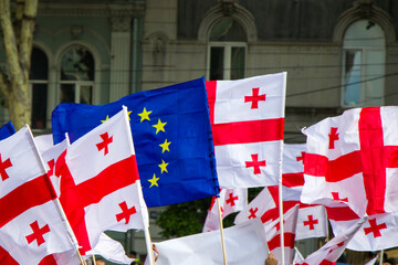 Georgian flag and European union flag.Georgian protests in front of the Parliament of Georgia, also known as Gavrilov's Night or anti-government protests. 