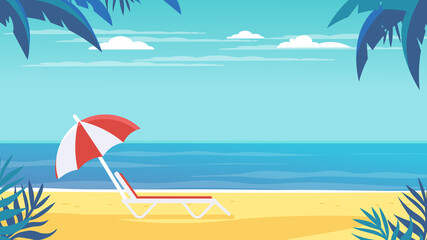 Tropical landscape. Palm trees and tropical plants. Seascape. Beach chair with umbrella on the beach.