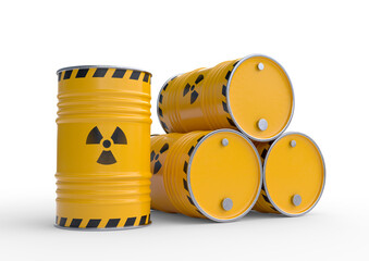 Radioactive waste yellow barrels with radioactive symbol, isolated on white background. Nuclear waste in barrels. 3d rendering illustration