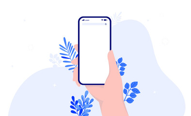Aufkleber - Hand holding phone with blank screen. Template to insert your own content. Smartphone use concept. Vector illustration.