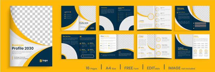 orange business brochure template layout design, 16 page corporate brochure editable template layout