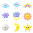 Kawaii weather face expressions, Collection of weather emotion in different expressions. Flat style vector illustration