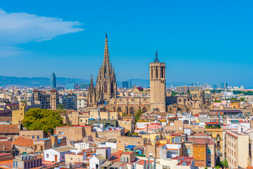 Wall Mural - Aerial view of the old town Barcelona with tower of the cathedral, Spain