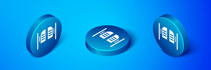 Poster - Isometric Old western swinging saloon door icon isolated on blue background. Blue circle button. Vector Illustration.