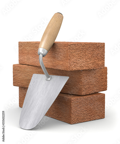 Fotografía 3d illustration bricks with trowel over white background