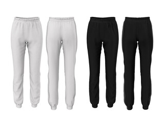 Wall Mural - Women's fashion sweatpants in white and black color isolated on white background. Front and back view. Template, mockup. Sports uniform. 3D illustration of pants with realistic fabric texture.