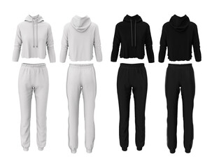 Wall Mural - Tracksuit for women. Fashion sweatshirt and pants. Set of black and white colors. Realistic 3d illustration. Front and back view. Empty mockup, template for design and logo.