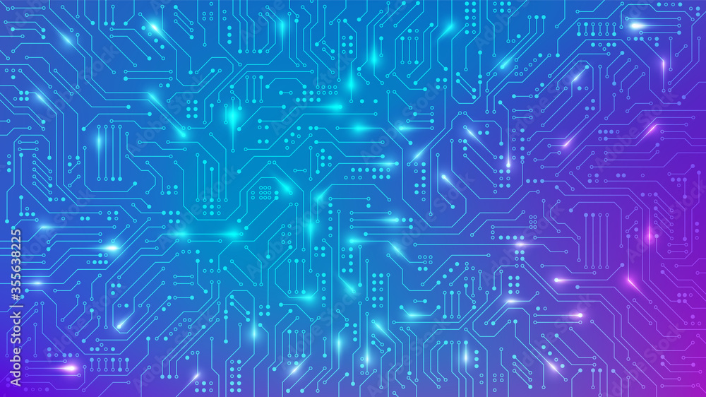 Color Circuit board texture for banner. Abstract technology background. Electronic motherboard connection lines and signals. Vector illustration - obrazy, fototapety, plakaty 