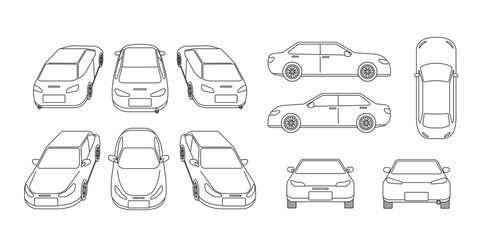 car thin line drawing different view set