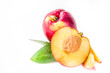 © ricka_kinamoto - Raw whole and half sliced peaches. Fresh summer peaches fruits isolated on white background
