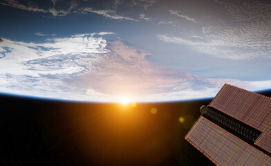 Wall Mural - view of planet earth from a space station window during a sunrise 3d rendering elements of this imag