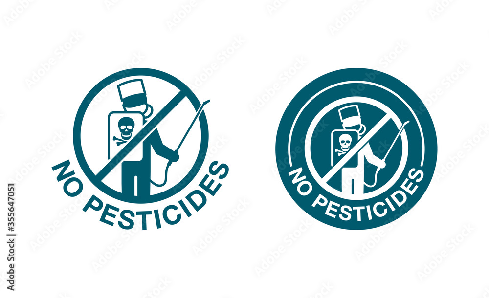 No Pesticides stamp - sign with crossed out man with sprayer and ...