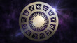 Zodiac circle with astrological symbols. 13 zodiac signs in the starry space.
