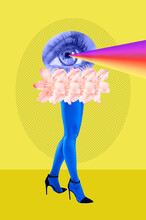 Flower Buds, Eyes And Women's Beautiful Legs In Acid Color Tights And High Heels Shoes On A Colorful Background. Disco Light. Funny Surreal Modern Art Collage In Magazine Style, Pop Art, Zine Culture.