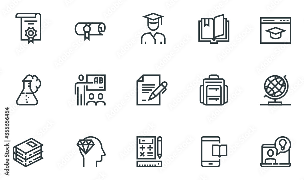 School and University Vector Flat Line Icons Set. Study, Learning ...