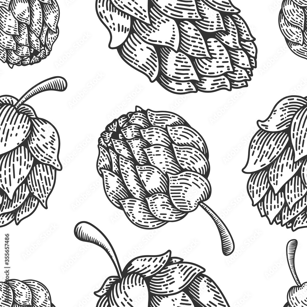 Seamless pattern with beer hop in engraving style. Vintage design ...