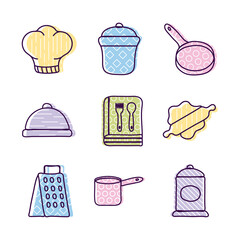 Wall Mural - Cook and kitchen line and fill style icon set vector design