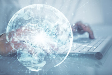 Aufkleber - Double exposure of businessman working on laptop on background. International business hologram in front. Concept of success.