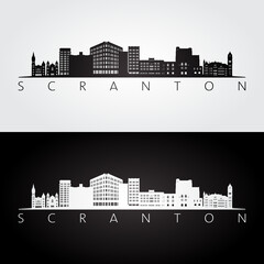 Scranton, Pennsylvania skyline and landmarks silhouette, black and white design, vector illustration.