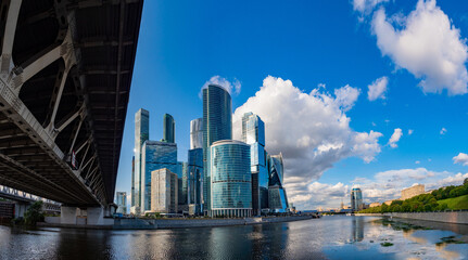 Wall Mural - Moscow. Russia. Business quarter Moscow city. Modern architecture. Skyscrapers near the embankment. Moscow area with high-rise buildings. Embankment of Taras Shevchenko. Russia bridge. Russia europe.