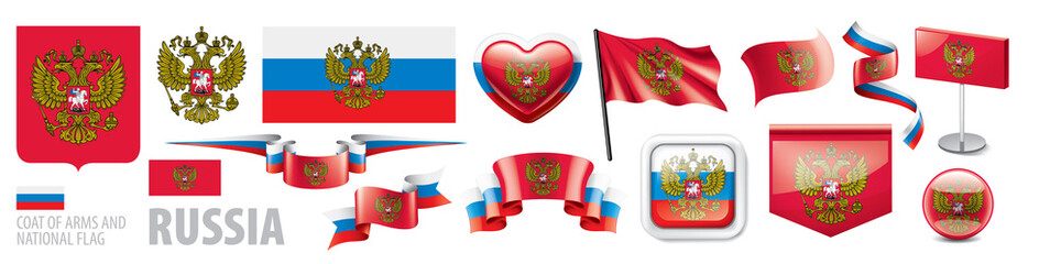 Poster - Vector set of the coat of arms and national flag of Russia