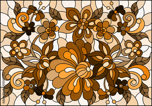 Dekoracja na wymiar  ilustracja-w-stylu-witrazu-z-abstrakcyjnymi-kwiatami-i-liscmi-ton-brazowy-sepia