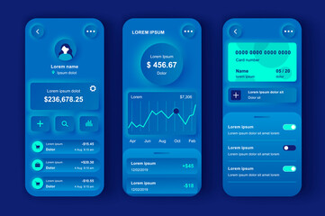 Online banking unique neumorphic design kit. Smart finance app with manage transactions and view account activities. Financial management UI, UX template set. GUI for responsive mobile application.