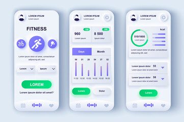 Poster - Fitness workout unique neumorphic design kit. Personal trainer app with different kinds of strength and cardio training. Sport activity UI, UX template set. GUI for responsive mobile application.
