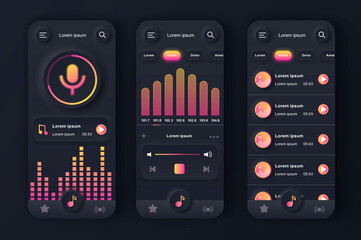 Music player unique neumorphic black design kit. Music app with voice recording, graphic equalizer and compositions playlist. Music listening UI, UX template set. GUI for responsive mobile application