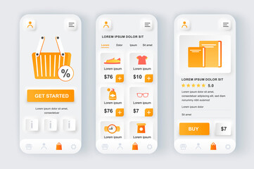 Shopping solution unique neumorphic design kit. Shopping app for food, clothing, footwear with discount offer. Internet marketplace platform UI, UX template set. GUI for responsive mobile application.