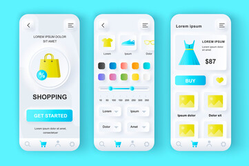 Shopping unique neumorphic design kit. Shopping app for clothing store with browse, search, delivery product services. Internet marketplace UI, UX template set. GUI for responsive mobile application.