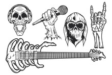 Isolated Illustrations Set. Skull In Bandana And Hoodie, Skull With Headphones, Zombie Hand With Microphone, Skeleton Hand