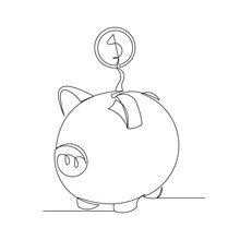 Continuous Line Drawing Of Piggy Bank. One Line Art Concept Of Business Finance. Vector Illustration