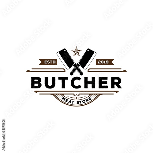 Photographie Vintage Retro Butcher Meat Shop Label Logo Design with Crossed Cleavers