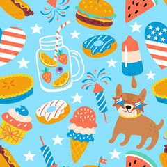 Wall Mural - 4th of july USA Independence day cute seamless pattern design. Childish print for cards, backgrounds and party invitations. Vector illustration