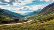Road winding through Scottish Mountains. Bus driving the road to Torridon in Scottish Highlands. Western Scotland