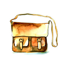 Messenger Hipster Bag. Watercolor Illustration Isolated On A White Background. Leather Grunge Texture. Vintage Style.