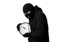 Portrait Of Masked Thief With Clock Isolated Over White Wall