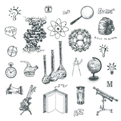 Physics, chemistry, astronomy and mathematics, biology, scientific formulas, geography. Back to School Elements. Science and education. Engraved vintage hand drawn big set