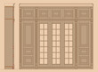 Vector old fashioned drawing of wooden wardrobe with carved cornice, mezzanine, decorated pilasters, mirror and slat door panels. Façade and section on a beige background