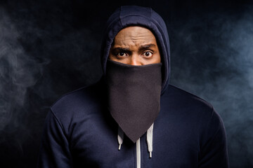 Wall Mural - Close up photo of amazed afro american guy impressed african community discrimination ear bandanna sweater jumper isolated over black fog color background