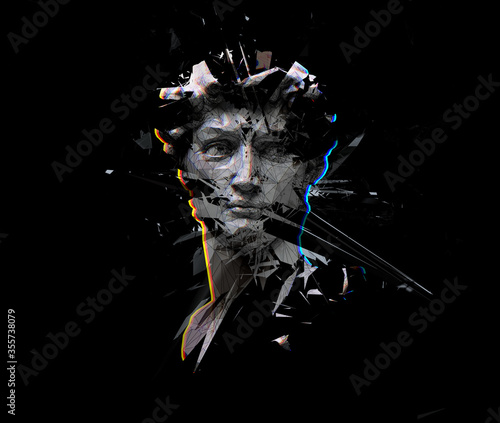 Cuadros en Lienzo Digital offset CMYK illustration of polygonal mesh head bust sculpture of Michelangelo's David from 3D rendering exploding and shattered into pieces