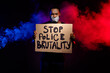 Photo of afro american guy hold paper card banner stop police brutality suffer speechless voiceless silence adhesive tape cover close lips isolated smoke black color background