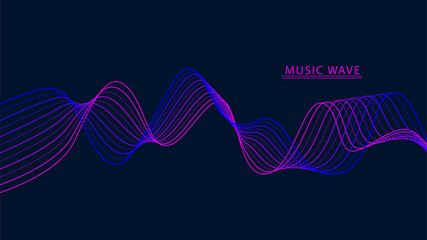 Wall Mural - Abstract music wave of many lines. Curve colored lines on blue background. Vector dynamic wavy stripes.