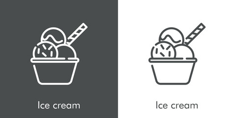 Sticker - Símbolo vaso con 3 bolas de helado con cobertura de toppings y galleta. Icono plano lineal con texto Ice cream en fondo gris y fondo blanco