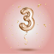 Elegant Pink Greeting celebration three years birthday Anniversary number 3 foil gold balloon. Happy birthday, congratulations poster. Golden numbers with sparkling golden confetti. Vector