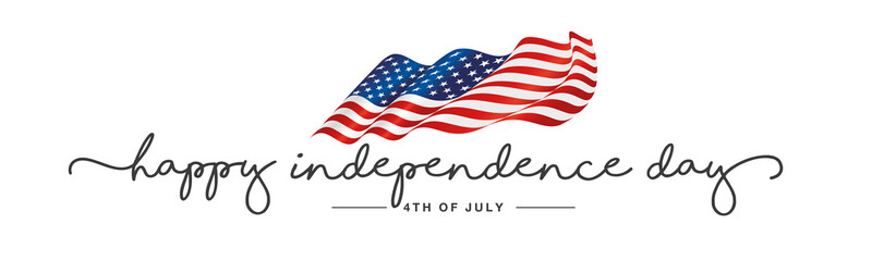 Wall Mural - Independence day Happy 4th of july handwritten typography text USA wavy flag white background banner