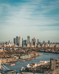 Cityscape skyline views of London with St Paul's Cathedral, the City of London, Canary Wharf, the Shard