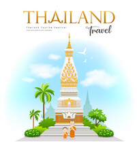 Wat Phra That Phanom, Nakhon Phanom Province, Beautiful Of Thailand Holy Place, With Welcoming Monks And Novices Design, Background, Vector Illustration